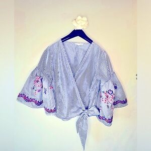 Flare sleeve, embroidered, pinstriped blouse, with a side waist tie